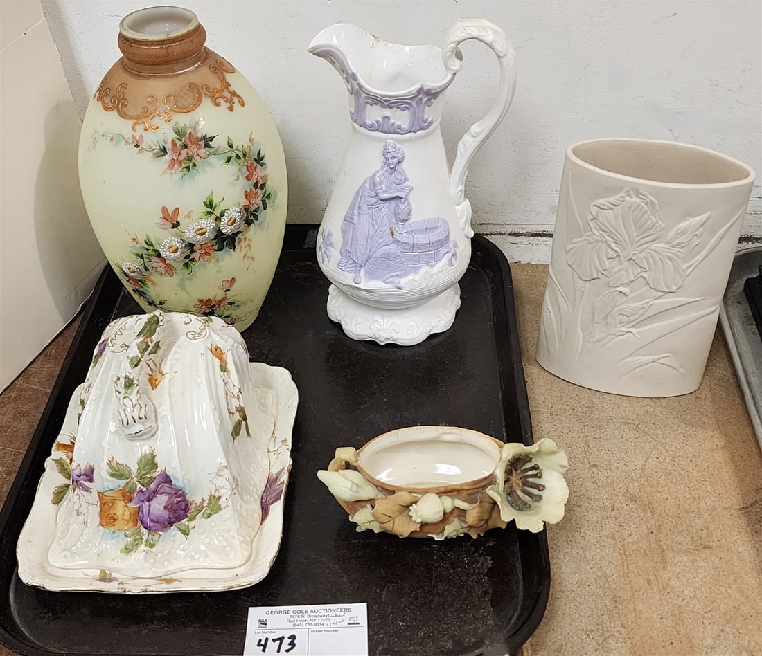 Tray 19th C Parian Ewer 9 3/4" H, Covered Cheese 5 1/2" H X 8" W X 6 1/2" D, Vienna Porcelain Poppy (1 of 6)