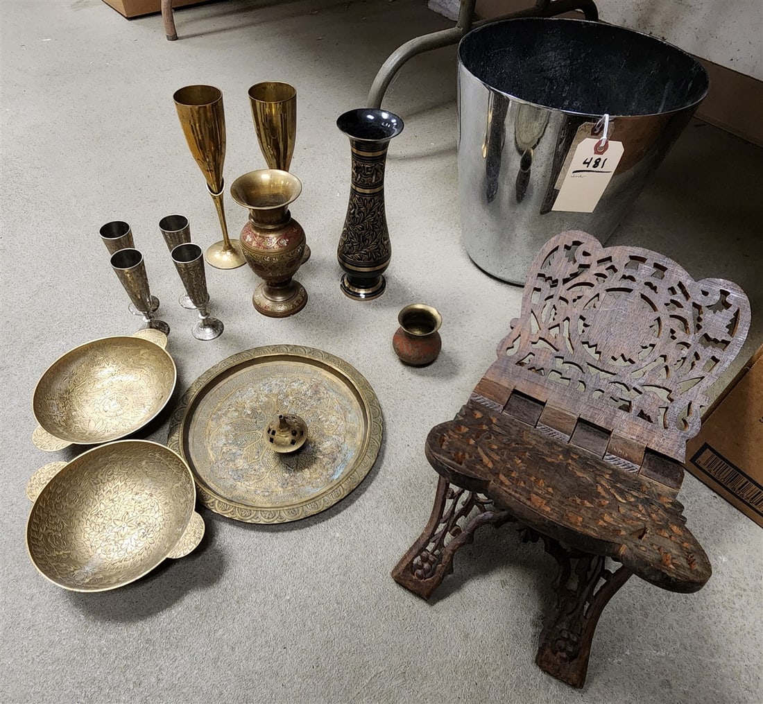 Metal Waste Basket 11 1/4" H X 11 1/2" H w/India Brass Tray, 2 Brass Bowls, Metal Vases, Brass (1 of 3)
