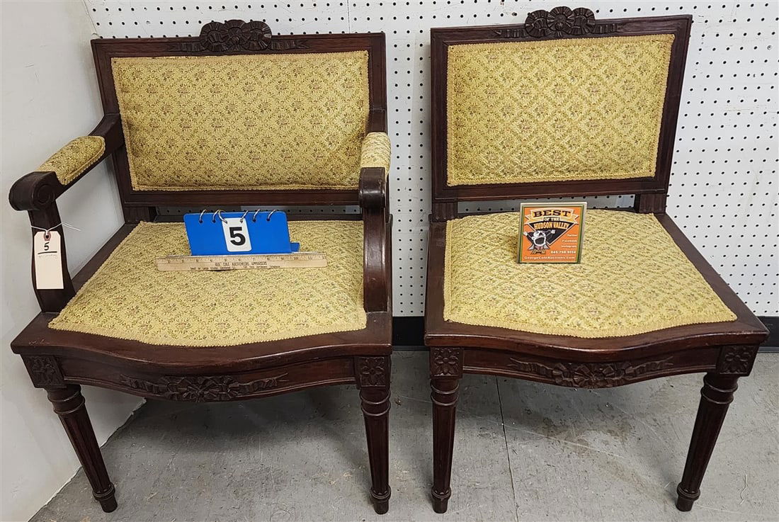 Pr. Mahogany Chairs, 1 Arm 32" H X 24" W X 18" D + 1 Side 32" H X 20 3/4" W X 18" D (1 of 3)