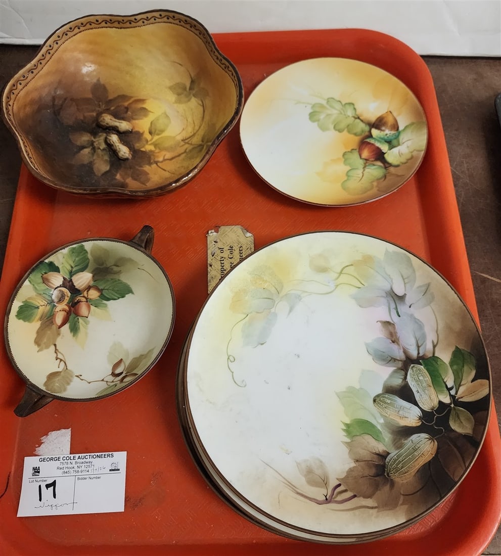 Tray 6 Nippon Pcs. w/Peanut & Acorn Motif - Bowl 2 1/2" H X 7 3/4" Diam., 3 Plates 7 3/4" Diam. +: Tray 6 Nippon Pcs. w/Peanut & Acorn Motif - Bowl 2 1/2" H X 7 3/4" Diam., 3 Plates 7 3/4" Diam. + Plate 6 1/2" Diam. + SM. 2 Handled Bowl 1 1/2" X 4 3/4" Diam.