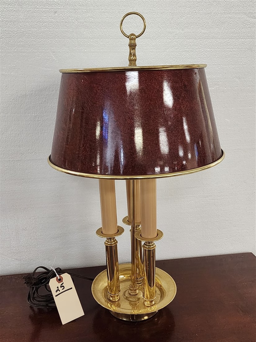 Brass 3 Candle Lamp w/Tole Shade 23" H: Brass 3 Candle Lamp w/Tole Shade 23" H