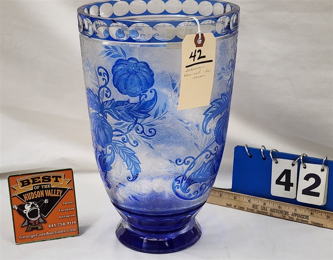 Bohemian Blue Cut To Clear Frosted Vase (2 Small Chips On Rim) 13 1/2" H X 8 3/4" Diam.: Bohemian Blue Cut To Clear Frosted Vase (2 Small Chips On Rim) 13 1/2" H X 8 3/4" Diam.