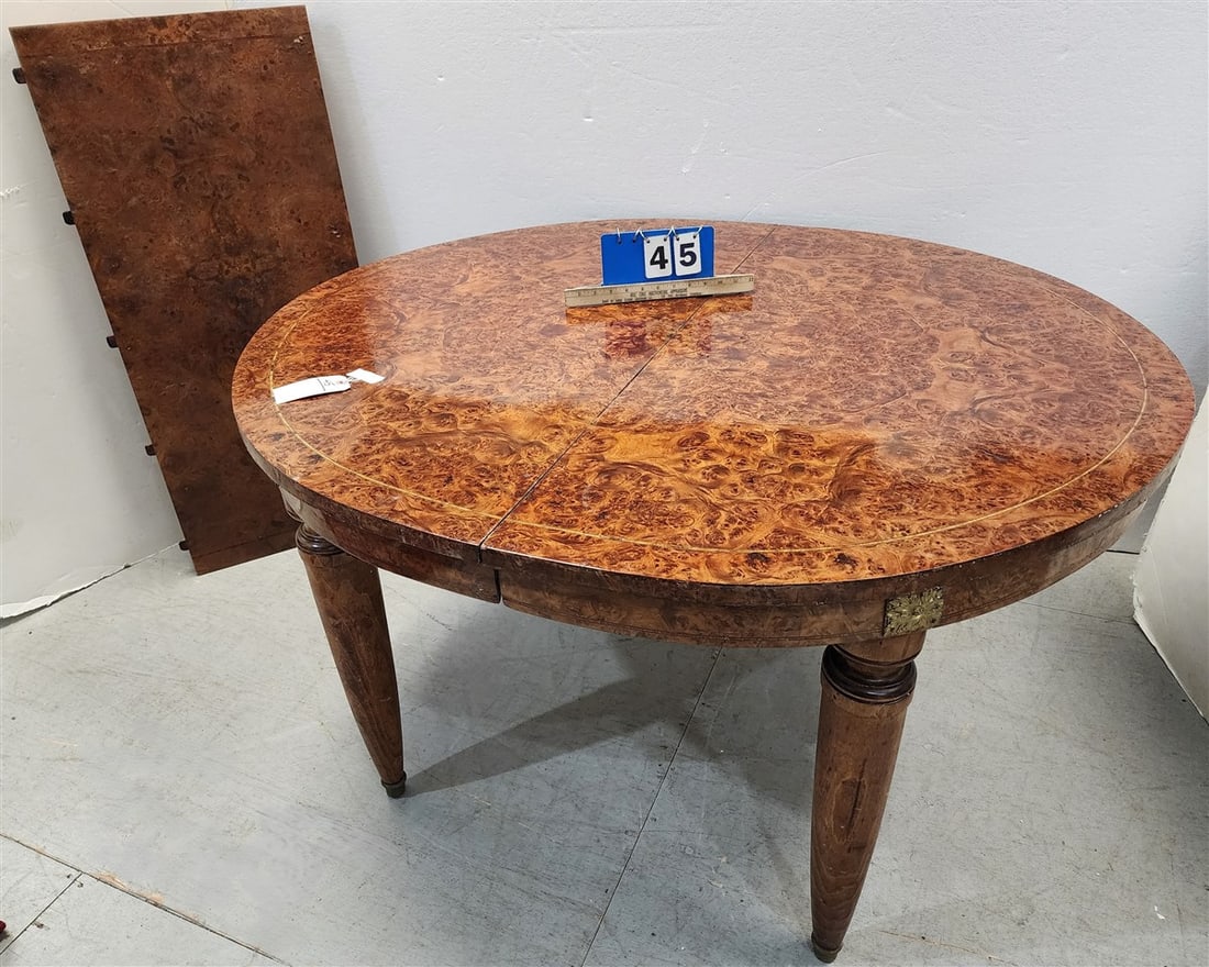 Burl Walnut 45" Diam. Table w/Inlay w/1 Leaf 20" (From The Livingston Estate, Teviotdale): Burl Walnut 45" Diam. Table w/Inlay w/1 Leaf 20" (From The Livingston Estate, Teviotdale)