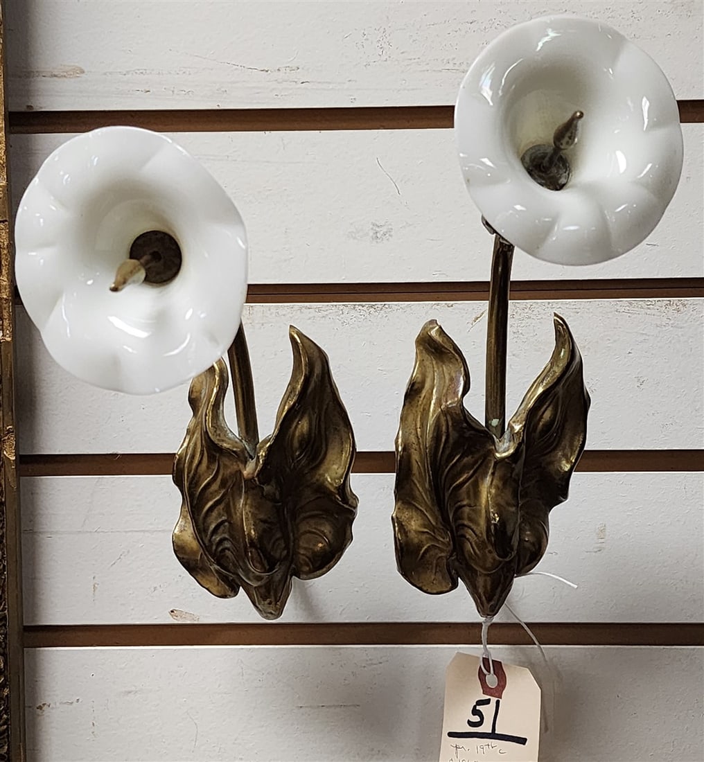 Pr. C1860 Embossed Brass Curtain Tie Backs w/Opalescent Flowers 9 1/2" H X 7" D: Pr. C1860 Embossed Brass Curtain Tie Backs w/Opalescent Flowers 9 1/2" H X 7" D