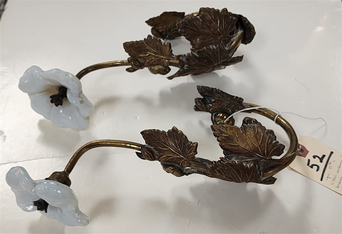 Pr. C1860 Embossed Brass Curtain Tie Backs w/Opalescent Flowers 10" H X 7" D: Pr. C1860 Embossed Brass Curtain Tie Backs w/Opalescent Flowers 10" H X 7" D