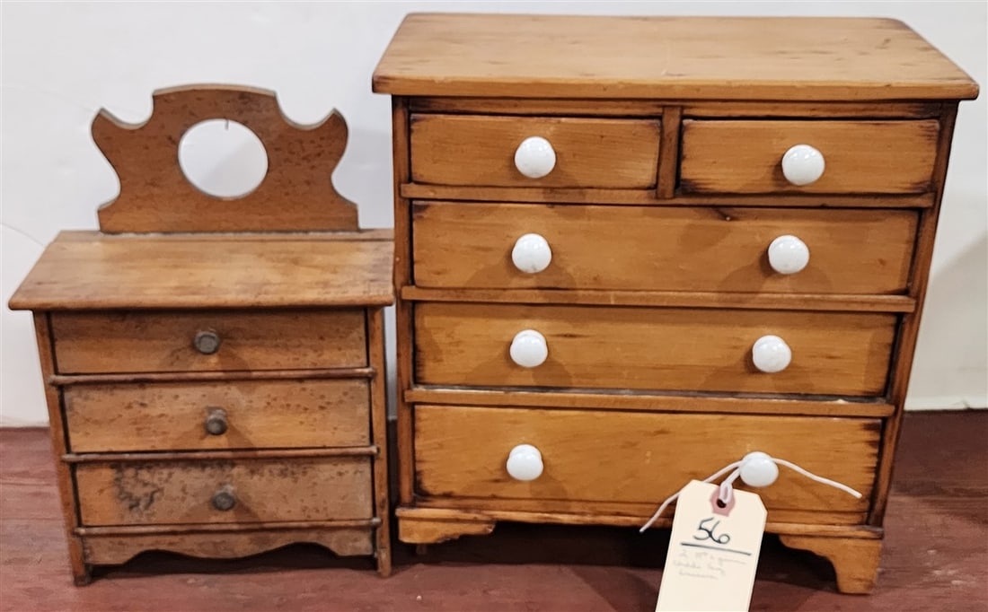 2- 19th C Pine Toy Dressers - 5 Drawer 12" H X 11 3/4" W X 6 1/4" D (Missing Part of Front) + 3: 2- 19th C Pine Toy Dressers - 5 Drawer 12" H X 11 3/4" W X 6 1/4" D (Missing Part of Front) + 3 Drawer 11 1/4" H X 8" W X 4" D
