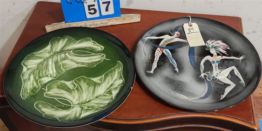 Lot 2 Mid Century Modern Ceramic Chargers Sgnd Sascha B. (1 Has Chip On Rim) 14" Diam. (1 of 3)