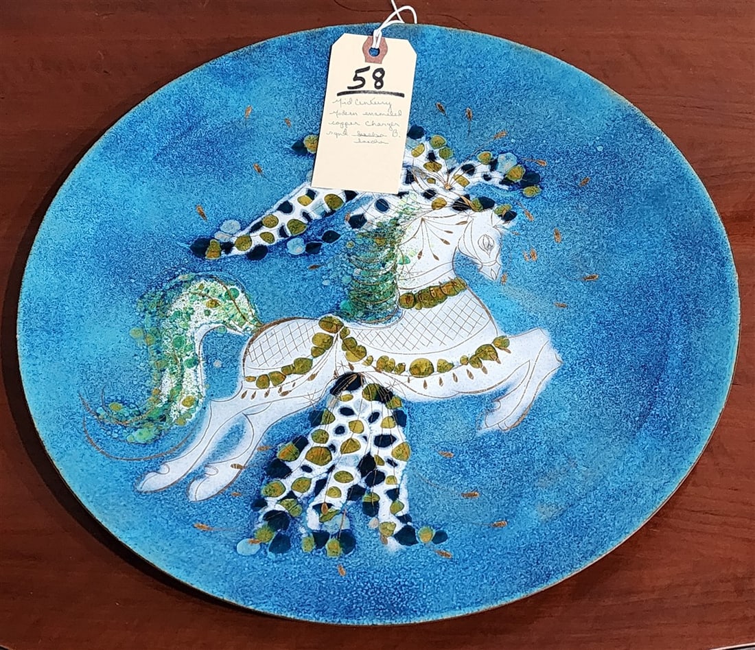 Mid Century Modern Enameled Copper Charger Sgnd Sascha B. 14" Diam.: Mid Century Modern Enameled Copper Charger Sgnd Sascha B. 14" Diam.