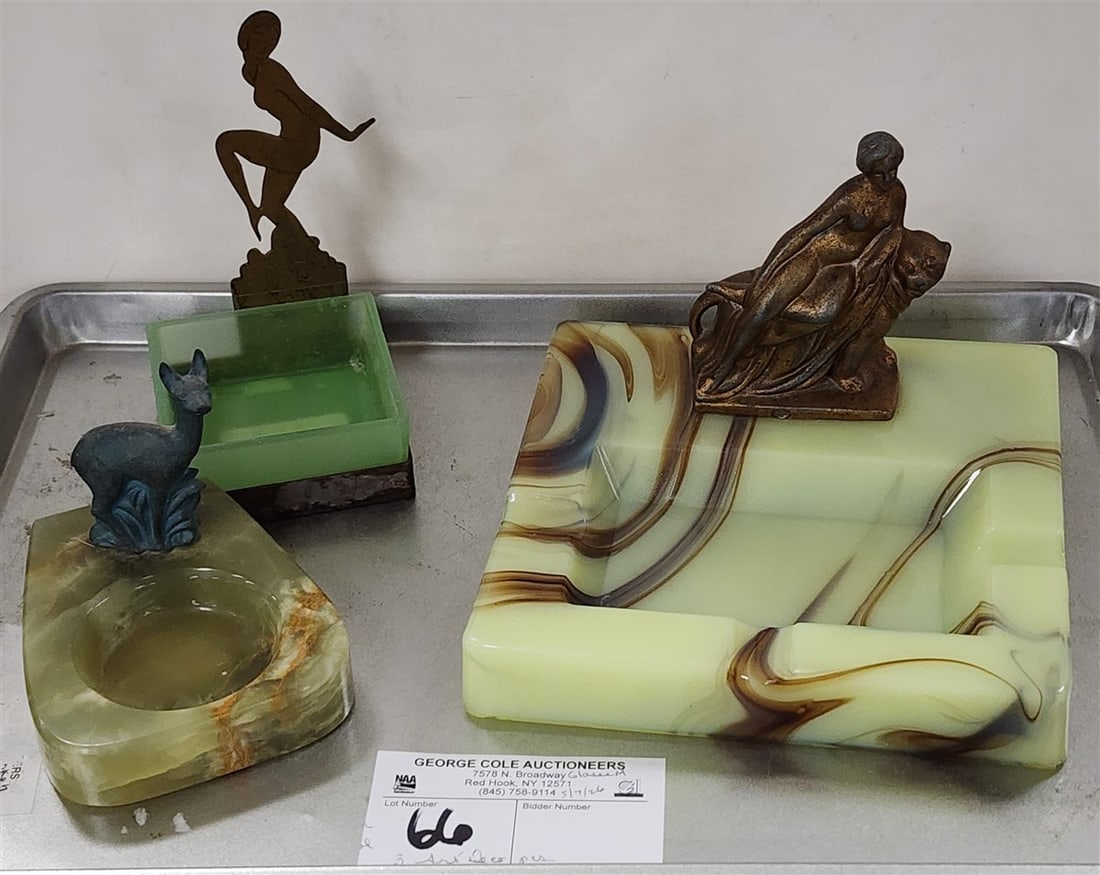 Tray 3 Deco Figural Ashtrays - Metal & Slag Glass 4" H X 6" Sq., Alabaster Base w/Metal Fawn 3" H X: Tray 3 Deco Figural Ashtrays - Metal & Slag Glass 4" H X 6" Sq., Alabaster Base w/Metal Fawn 3" H X 3" W X 3 3/4" D + Metal Dancer w/Glass Base 4 3/4" H X 2 3/4" Sq.