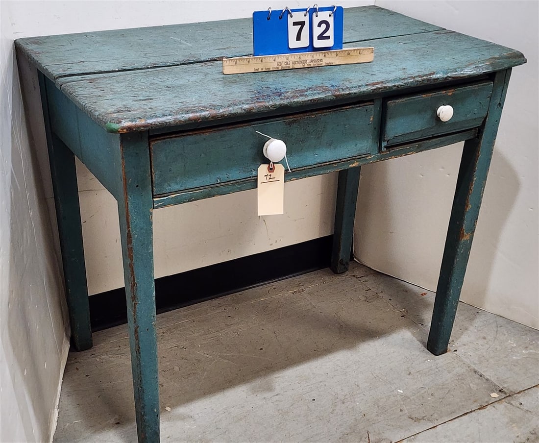 Primitive Blue Ptd. 2 Drawer Table 29" H X 36" W X 21 3/4" D (1 of 2)