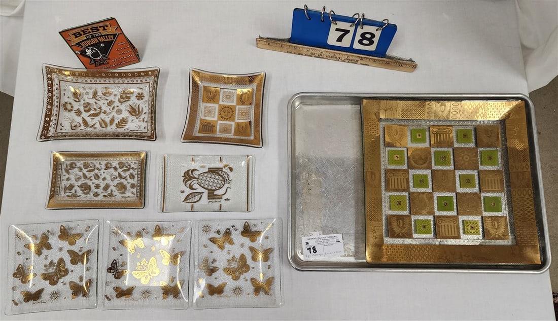 Tray 7 Georges Briard Glass Pcs. - 3/4" H X 12" Sq., 1 1/4" H X 8" W X 5 1/2" D, 2- 1/2" H X 6 3/4": Tray 7 Georges Briard Glass Pcs. - 3/4" H X 12" Sq., 1 1/4" H X 8" W X 5 1/2" D, 2- 1/2" H X 6 3/4" W X 4 1/4" D, 3- 1/2" H X 6" Sq. + 1 1/2" H X 6 1/4" Sq.