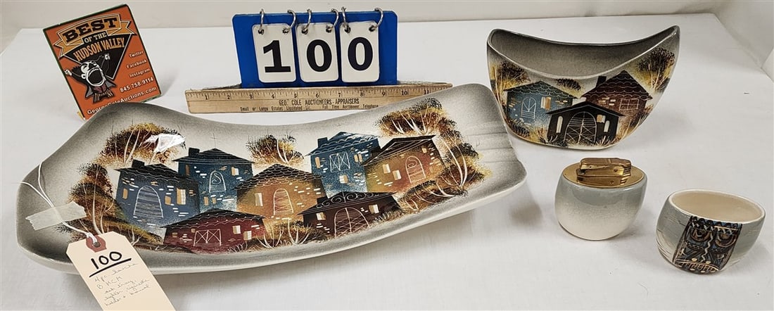 Lot 4 Pcs. Sascha B. - MCM Ceramic Ashtray 'Rooftops' 3" H X 17 1/2" W X 8 3/4" D, Bowl 5" H X 7" W: Lot 4 Pcs. Sascha B. - MCM Ceramic Ashtray 'Rooftops' 3" H X 17 1/2" W X 8 3/4" D, Bowl 5" H X 7" W X 3" D, Lighter 3" H X 3" W X 2" D + Cigarette Holder 2 1/4" H X 3" W X 3 1/2" D