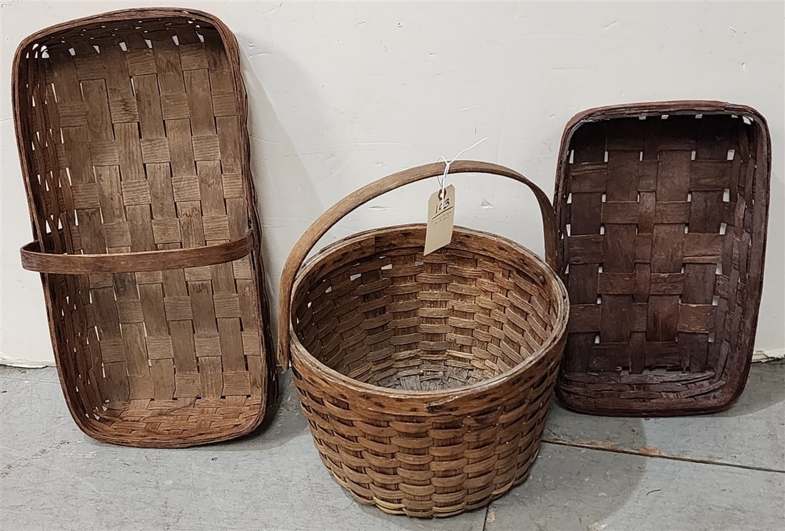 Lot 3 Vintage Baskets - Swing Handle 10" H X 15" Diam., Harvest Basket 8 1/2" H X 25" X 12 1/2" D + (1 of 3)