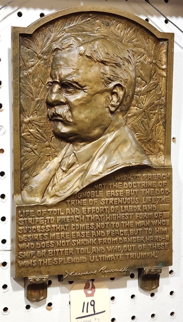 Bronze Plaque Of Theodore Roosevelt By Artist A.H.Sander 13" H X 7 1/2" W: Bronze Plaque Of Theodore Roosevelt By Artist A.H.Sander 13" H X 7 1/2" W