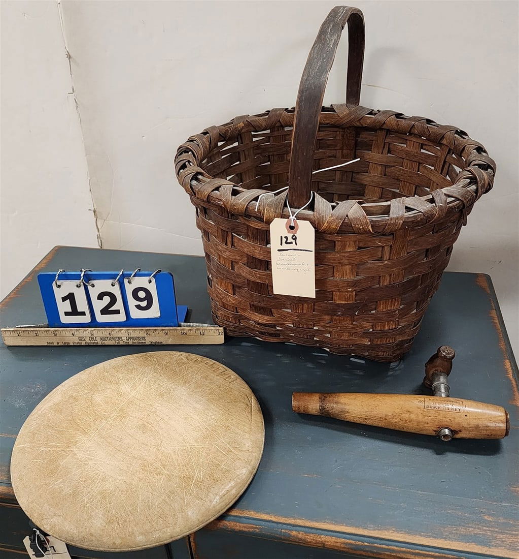 Taconic Basket w/Handle 9 1/2" H X 15" Diam. + Wooden Bread Board 11" Diam. + Vintage Barrell Spigot: Taconic Basket w/Handle 9 1/2" H X 15" Diam. + Wooden Bread Board 11" Diam. + Vintage Barrell Spigot John Summers Best Block Tin Key