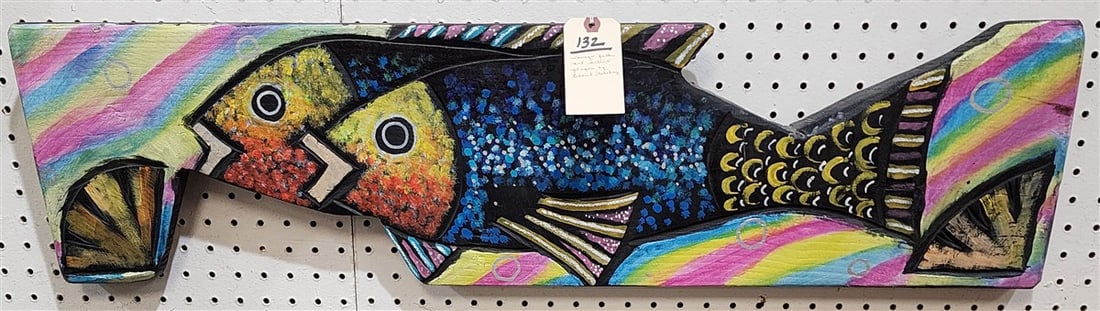 Navajo Folk Art Plaque Of Fish Sgnd Lealend Holiday 9" X 36": Navajo Folk Art Plaque Of Fish Sgnd Lealend Holiday 9" X 36"