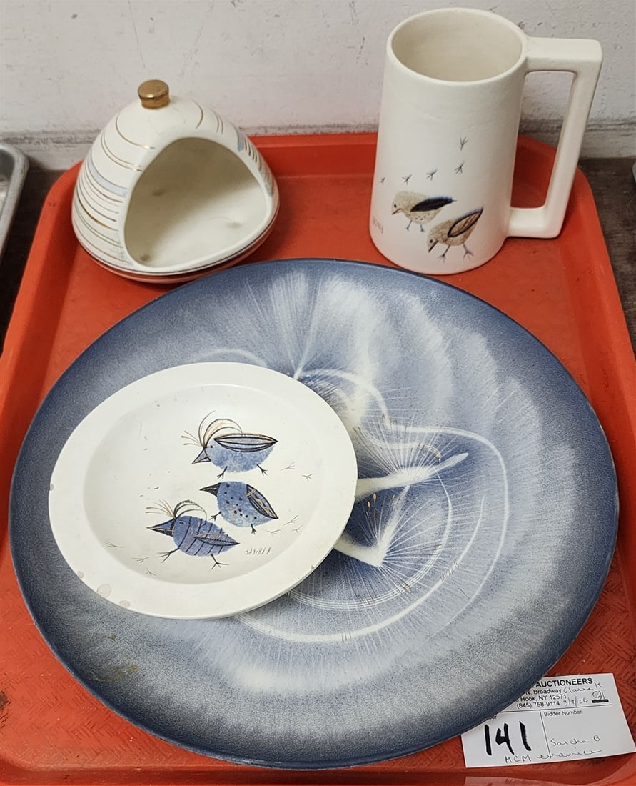 Tray 4 Pcs. MCM Cermaics Sgnd Sascha B. - Plate 1 3/4" H X 12" Diam., Sm. Bowl 1 1/2" H X 5 3/4": Tray 4 Pcs. MCM Cermaics Sgnd Sascha B. - Plate 1 3/4" H X 12" Diam., Sm. Bowl 1 1/2" H X 5 3/4" Diam. (Chips On Rim), Mug 5" H + Ashtray 4 1/2" H X 5 1/4" Diam.