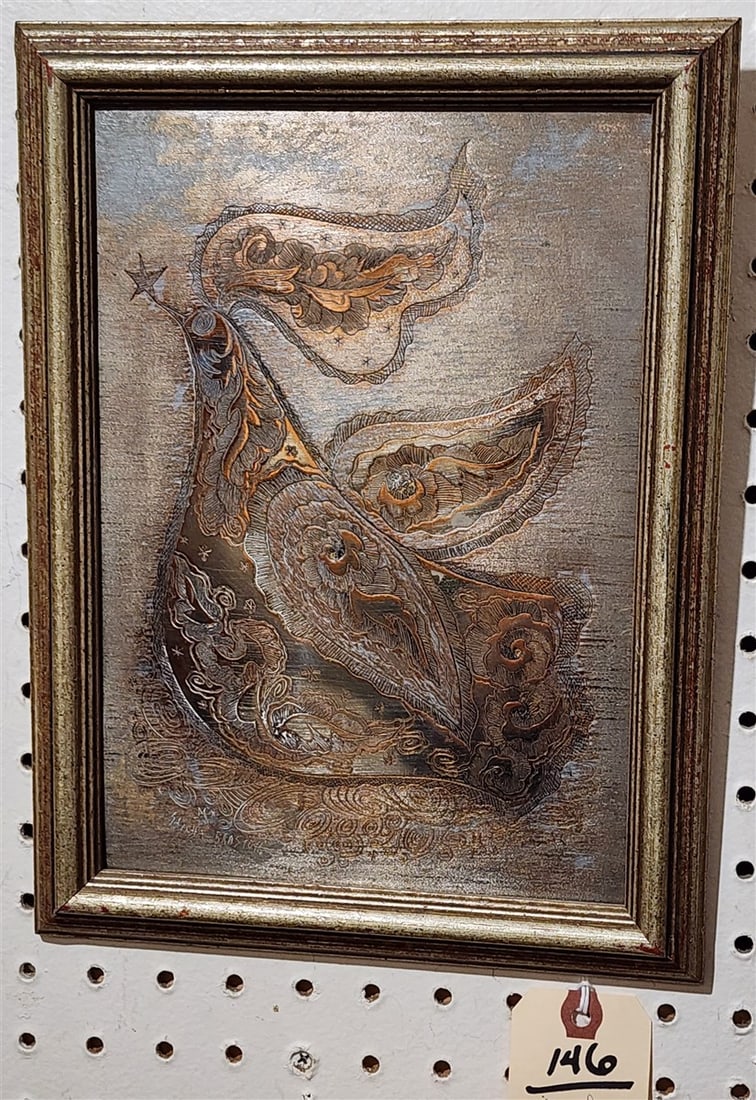 Framed MCM Silvered Copper Plaque Sgnd Sascha Brastoff 10 1/2" X 7 1/4" w/Frame 12 1/2" X 9 1/4": Framed MCM Silvered Copper Plaque Sgnd Sascha Brastoff 10 1/2" X 7 1/4" w/Frame 12 1/2" X 9 1/4"