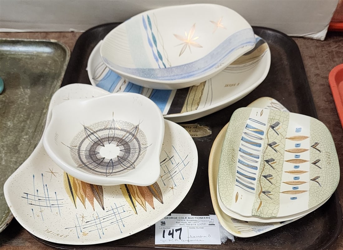 Tray 7 MCM Ceramic Pcs. Sgnd Sascha B. - Plate 1 3/4" H X 10 1/2" Diam., Bowl 2" H X 9 1/2" W X 8: Tray 7 MCM Ceramic Pcs. Sgnd Sascha B. - Plate 1 3/4" H X 10 1/2" Diam., Bowl 2" H X 9 1/2" W X 8 1/2" D, Bowl 3" H X 9" W X 6 3/4" D, Dish 3/4" H X 9 3/4" W X 5 3/4" D + 2 Ashtrays 1" H X 6 3/4" W X