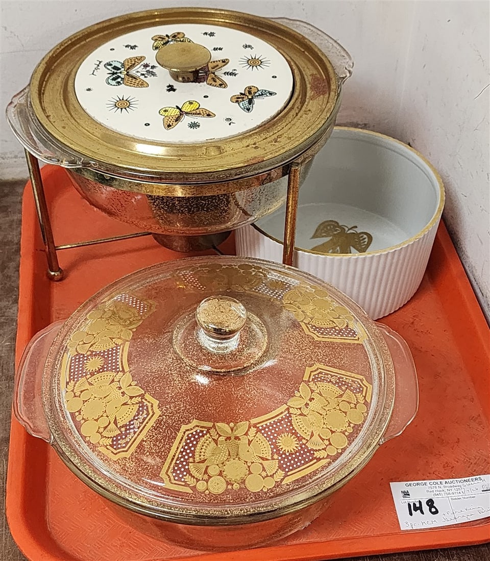 Tray Casserole Dishes By Georges Briard & Fire King - FK Casserole 5" H X 9" Diam., Casserole: Tray Casserole Dishes By Georges Briard & Fire King - FK Casserole 5" H X 9" Diam., Casserole w/Brass Stand & Ceramic Brass Cover 7" H X 9" Diam., GB Overware 4" H X 6" Diam.