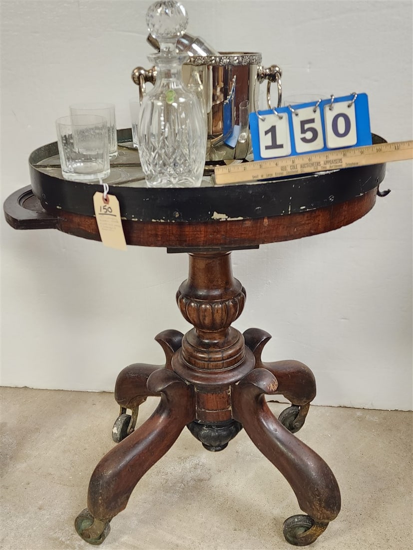 19th C Mahogany Dinks Table w/Pull Out Shelf 31 1/2" H X 25 1/2" W X 18 3/4" D w/Accessories Incl.: 19th C Mahogany Dinks Table w/Pull Out Shelf 31 1/2" H X 25 1/2" W X 18 3/4" D w/Accessories Incl. Waterforfd Decanter