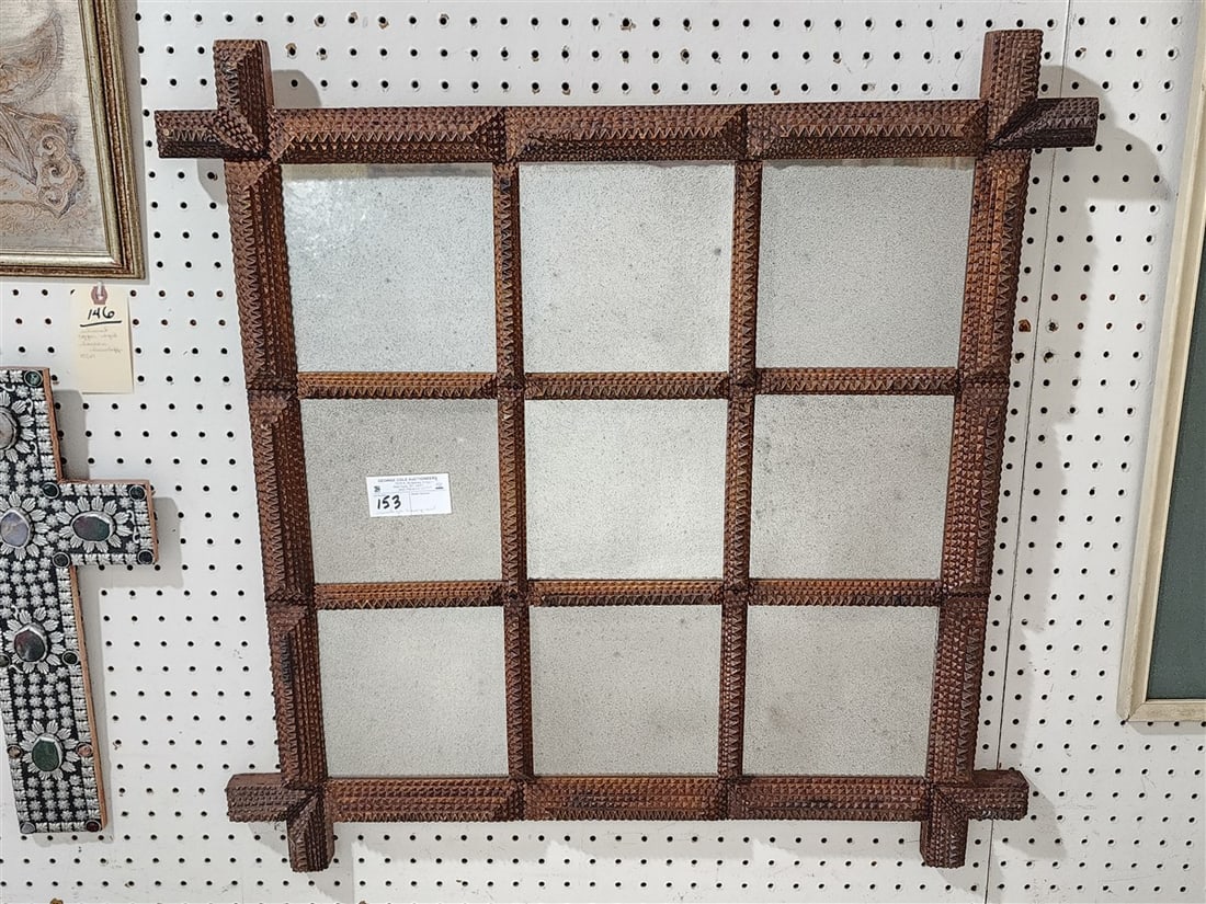 Vintage Tramp Art Framed Mirror 30" Sq. X 2" D: Vintage Tramp Art Framed Mirror 30" Sq. X 2" D