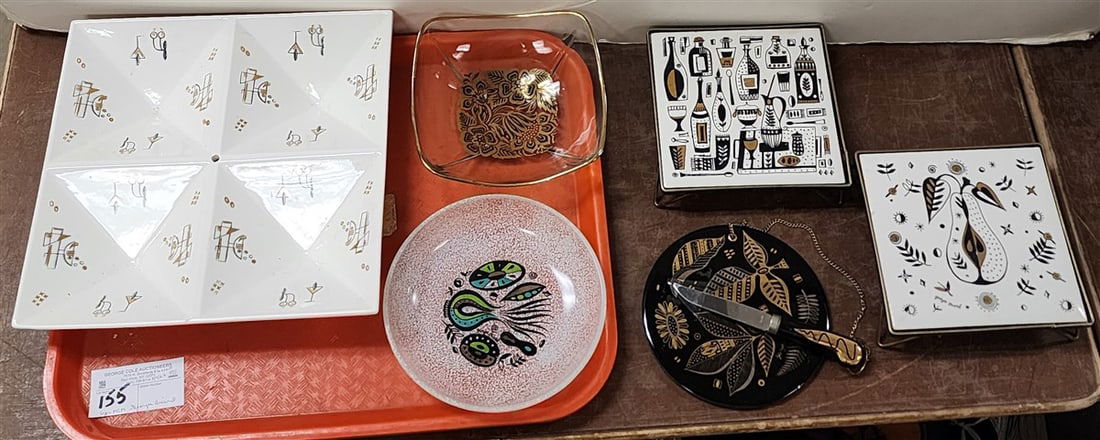 Tray 6 Pcs. MCM Georges Briard - 4 Section Ceramic Serving Tray 2" H X 11" Sq., 2- Brass Base: Tray 6 Pcs. MCM Georges Briard - 4 Section Ceramic Serving Tray 2" H X 11" Sq., 2- Brass Base Ceramic Trivets 1 1/2" H X 6 1/4" Sq., Ceramic Cheese Board 6" Diam. w/Knive + 2- Glass Bowls 2 1/2" X 6"