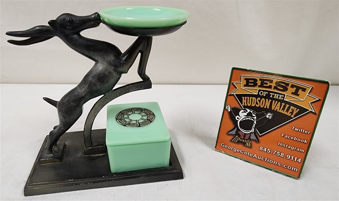 Art Deco Frankart Antelope Ashtray Stand w/Cigarette Box & Ahtray 6 1/2" H X 6 1/2" W X 4" D: Art Deco Frankart Antelope Ashtray Stand w/Cigarette Box & Ahtray 6 1/2" H X 6 1/2" W X 4" D