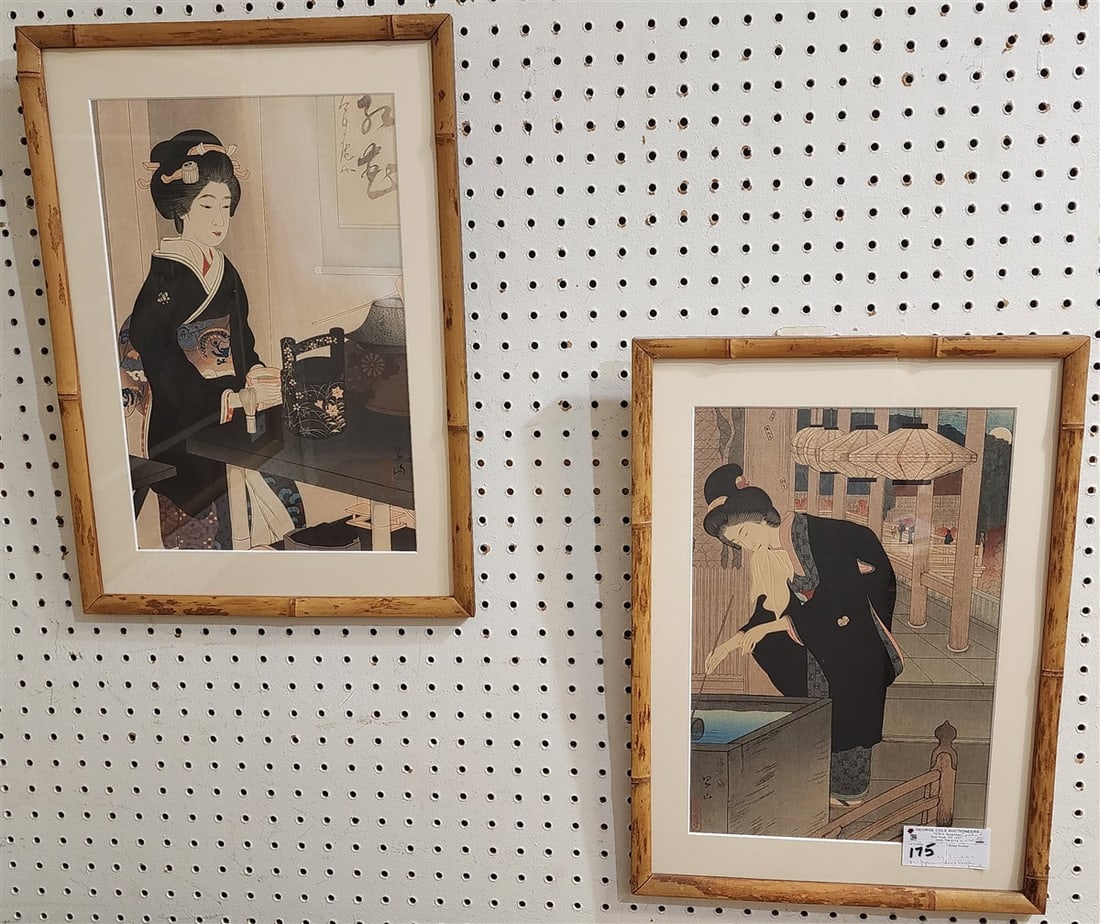 Pr. Framed Japanese Woodblock Prints By Suizan Issued 1924 - 'Temple Visit' & "Tea Ceremony' 15" X (1 of 6)
