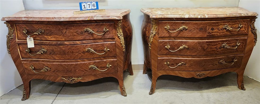 Pr. Loius XV Style Marble Top Marquetry 3 Drawer Chests w/Ormolu Mounts 34" H X 46 1/2" W X 19 3/4": Pr. Loius XV Style Marble Top Marquetry 3 Drawer Chests w/Ormolu Mounts 34" H X 46 1/2" W X 19 3/4" D