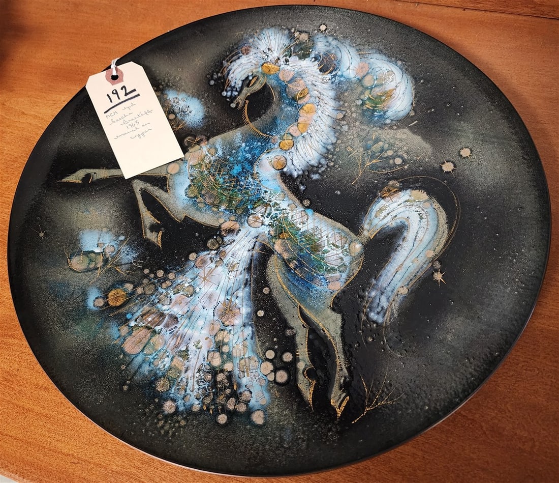 MCM Enameled Copper Charger Sgnd Sascha Brastoff 1963 14" Diam.: MCM Enameled Copper Charger Sgnd Sascha Brastoff 1963 14" Diam.