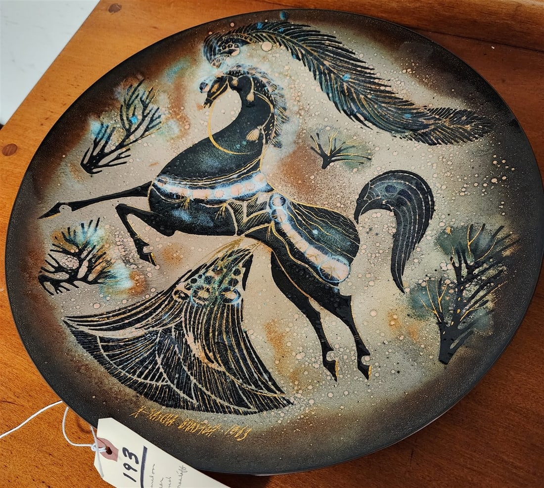 MCM Enameled Copper Charger Sgnd Sascha Brastoff 1963 14" Diam.: MCM Enameled Copper Charger Sgnd Sascha Brastoff 1963 14" Diam.