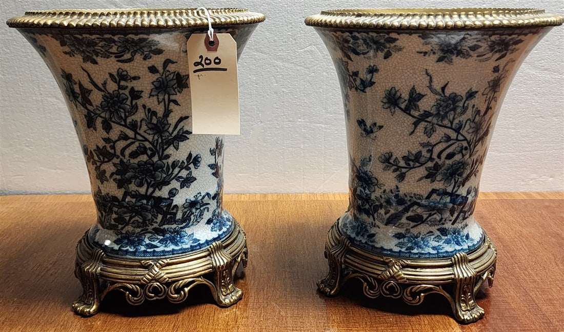 Pr. Brass Mounted Porcelain Planters 13" H X 11" Diam.: Pr. Brass Mounted Porcelain Planters 13" H X 11" Diam.