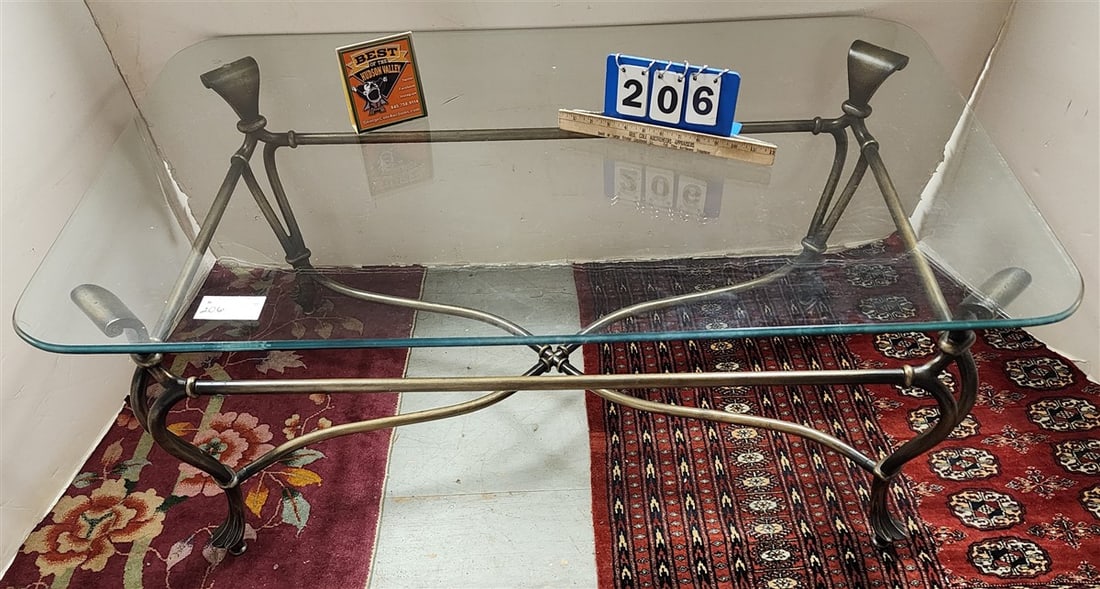 Cast Iron Base Glass Top Coffee Table 20 1/2" H X 4' W X 30" D (1 of 1)