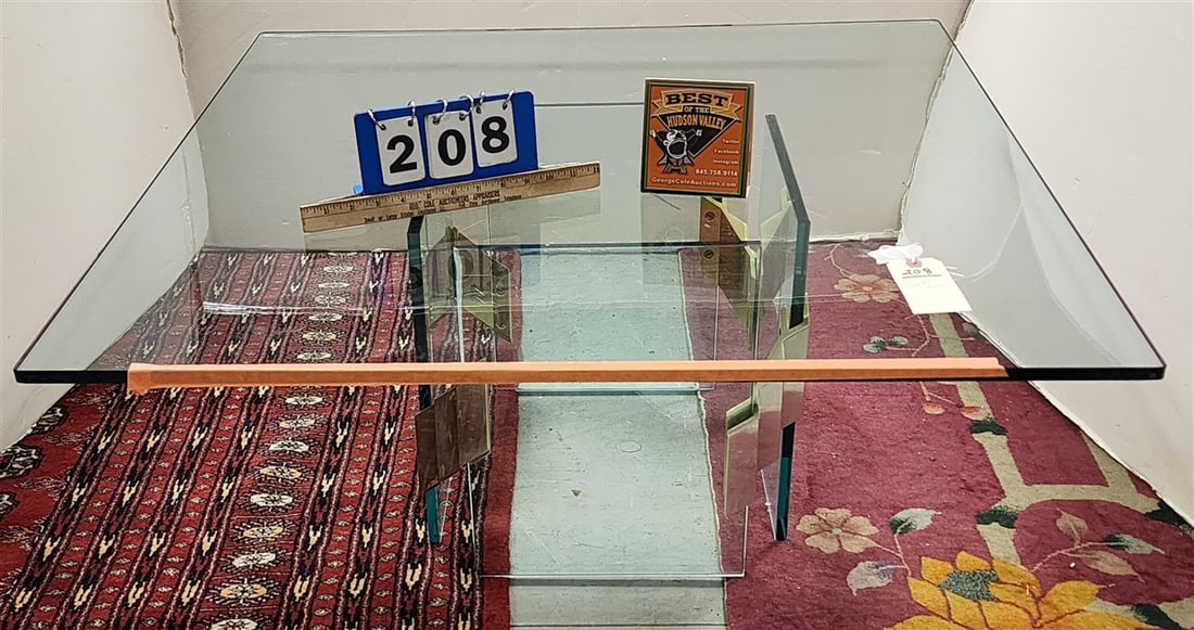 Glass & Brass Base Glass Top Coffee Table 16" H X 36" Sq. (From The Livingston Estate, Teviotdale): Glass & Brass Base Glass Top Coffee Table 16" H X 36" Sq. (From The Livingston Estate, Teviotdale)