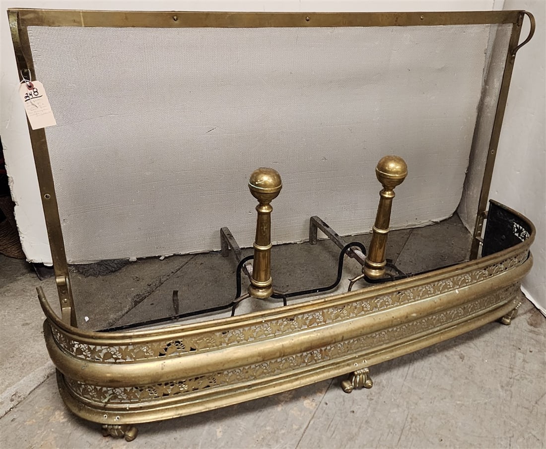 Pr. Brass Andirons 18" H, Brass Fire Fender 10 1/2" H X 49" W, Brass Framed Fire Screen 30 1/2" H X (1 of 2)