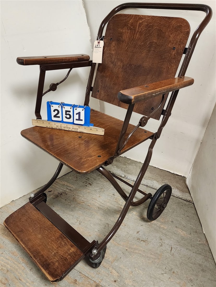 Gendron Wheel Co. Vintage Folding Wheel Chair 34 1/2" H X 21 3/4" W X 16" D: Gendron Wheel Co. Vintage Folding Wheel Chair 34 1/2" H X 21 3/4" W X 16" D