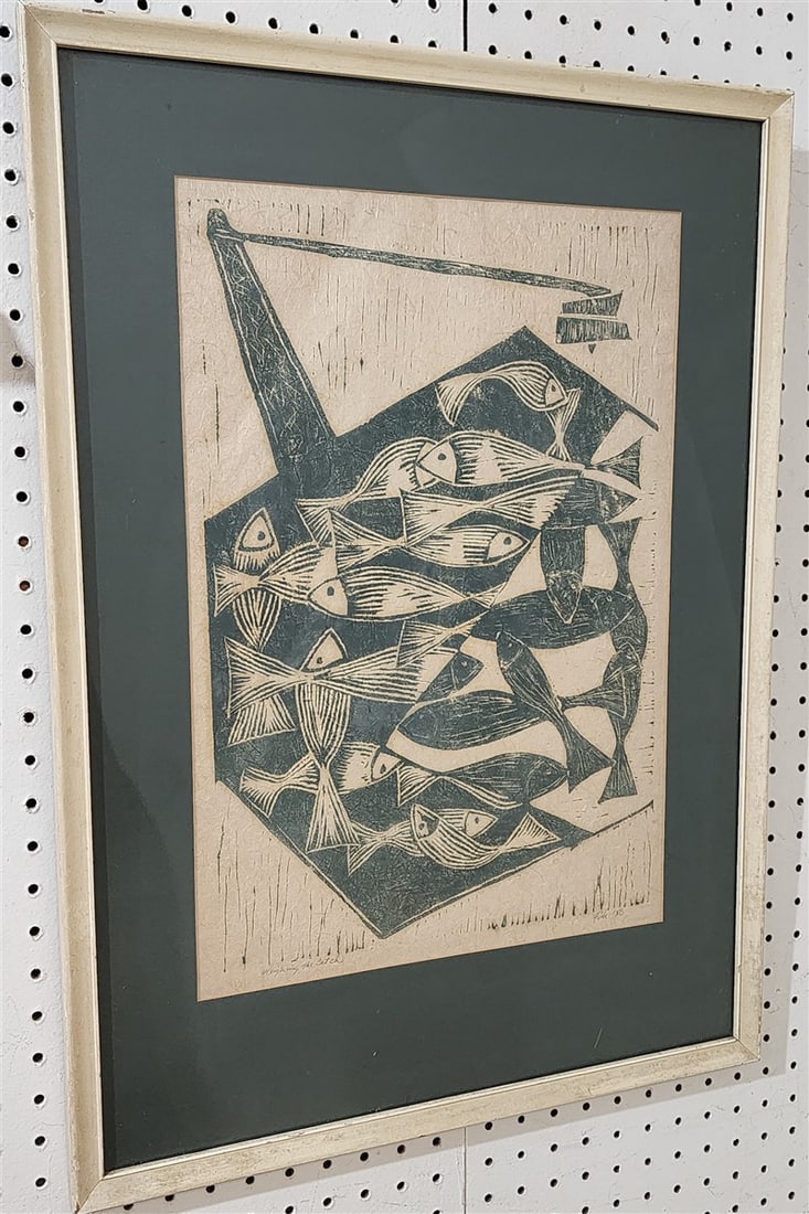Block Print 'Weighing The Catch' Pencil Sgnd Fish1950 19" X 13" w/Frame 26 1/2" X 19" (1 of 5)