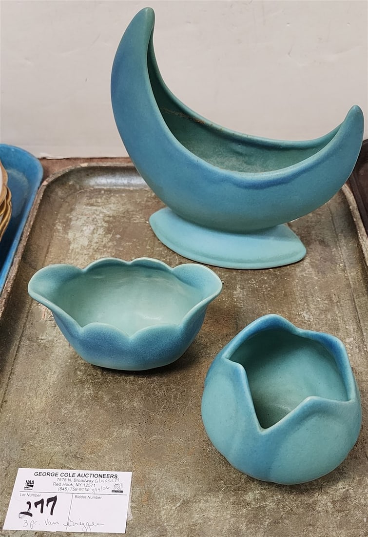 Tray 3 Pcs. Van Briggle Pottery - Crescent Moon Vase 7 3/4" H X 7 3/4" W X 3" D + 2- Sm. Vases 3: Tray 3 Pcs. Van Briggle Pottery - Crescent Moon Vase 7 3/4" H X 7 3/4" W X 3" D + 2- Sm. Vases 3 1/2" H X 4" Diam., 2 1/2" H X 5" W X 3" D