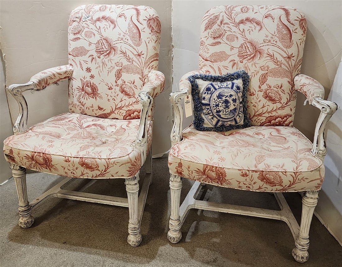 Pr. Ptd. Frame Uphols. Armchairs 40" H X 26" W X 18" D (From The Livingston Estate, Teviotdale) (1 of 3)