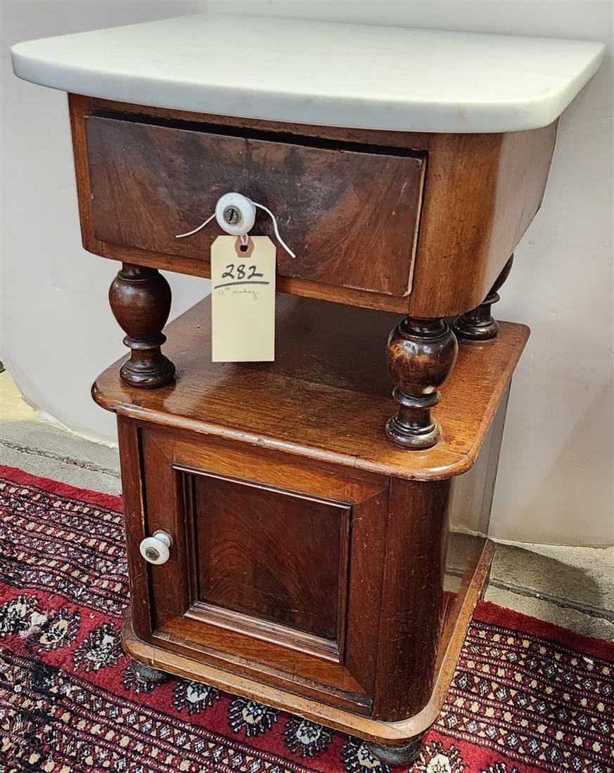19th C Mahogany Marble Top End Stand 1 Drawer Over 1 Door (1 of 2)