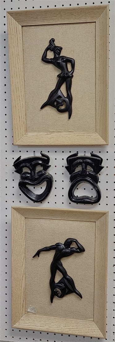 Pr. MCM Framed Ceramic Mounted Dancers 9" X 7", 10" X 5 w/Frame 17" 13" + Pr. MCM Cast Aluminum: Pr. MCM Framed Ceramic Mounted Dancers 9" X 7", 10" X 5 w/Frame 17" 13" + Pr. MCM Cast Aluminum Theatre Masks