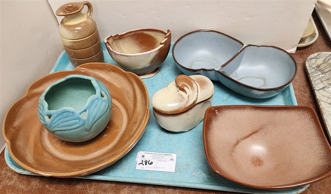 Tray 6 Pcs. Frankoma Pottery - Bowl 2 1/2" H X 11" Diam., Bowl 3 3/4" H X 7" W X 6 1/2" D, Bowl 4" H: Tray 6 Pcs. Frankoma Pottery - Bowl 2 1/2" H X 11" Diam., Bowl 3 3/4" H X 7" W X 6 1/2" D, Bowl 4" H X 6" W X 4" D, Double Bowl 2 1/2" H X 10 3/4 W X 6" D, Covered Jar 4 1/2" H X 5" W X 3" D + Jug 6