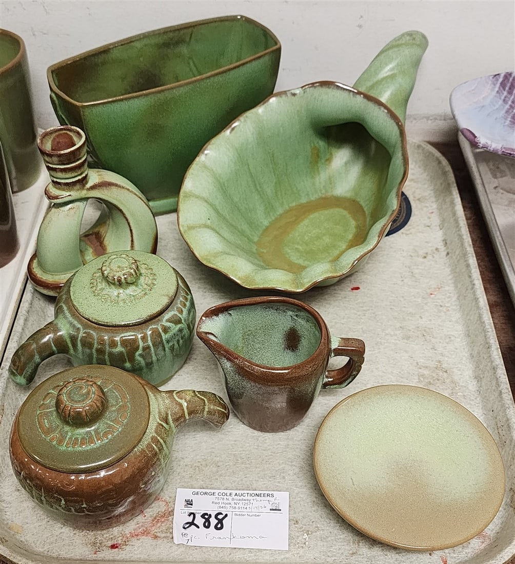 Tray 7 Pcs. Frankoma - Cornucopia 5 1/2" H X 12" W X 6 1/2" D, Vase 5" H X 7 1/2" W X 3 1/2" D,: Tray 7 Pcs. Frankoma - Cornucopia 5 1/2" H X 12" W X 6 1/2" D, Vase 5" H X 7 1/2" W X 3 1/2" D, Candle Stick 5 1/2" H X 4" W X 2 1/4" D, Pr. Covered Mugs 3 1/2" H X 4" Diam., Creamer 3 1/4" h X 4