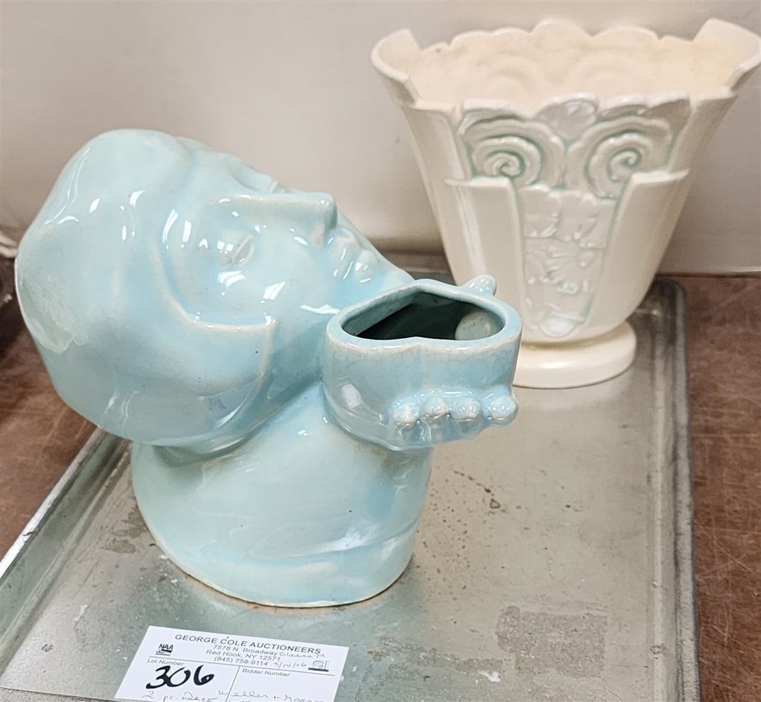 Tray Weller Vase 6" H X 6 1/2" W X 4 1/4" D + Japan Figural Vase 6" H X 8" W X 4 1/2" D: Tray Weller Vase 6" H X 6 1/2" W X 4 1/4" D + Japan Figural Vase 6" H X 8" W X 4 1/2" D