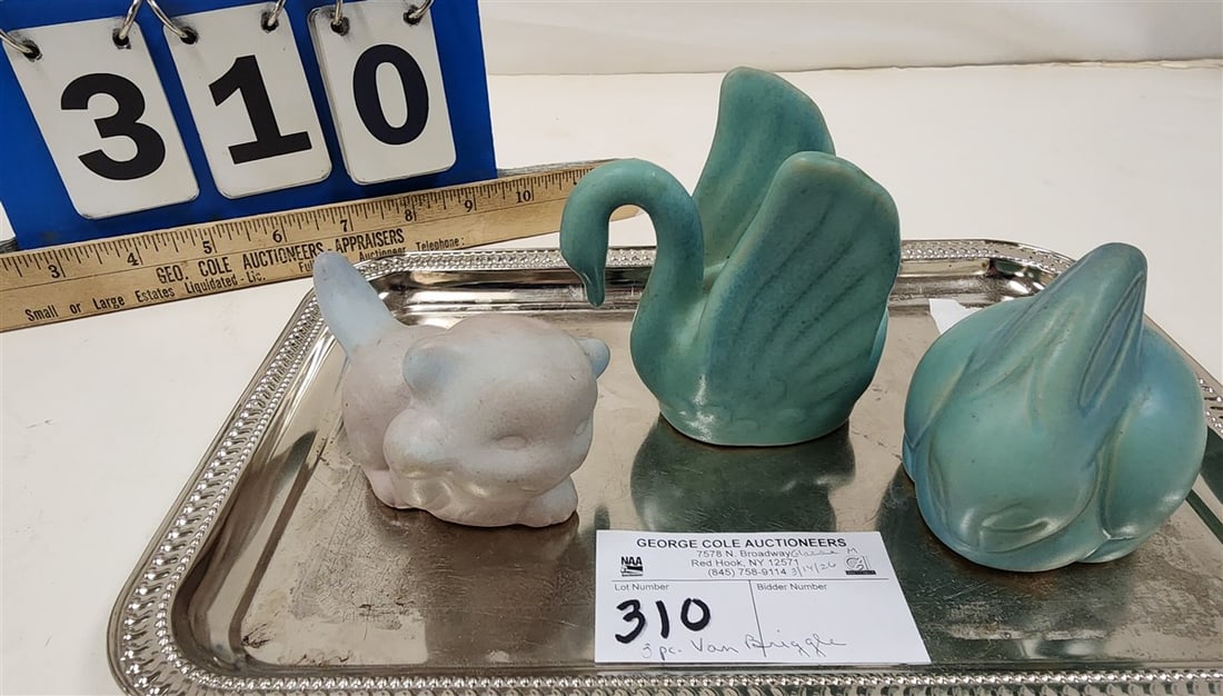 Tray 3 Van Briggle Animals - Bunny 3" H X 3 1/2" L X 3", Swan 3 1/2" H X 3" W X 2 1/2" W + Cat 2" H: Tray 3 Van Briggle Animals - Bunny 3" H X 3 1/2" L X 3", Swan 3 1/2" H X 3" W X 2 1/2" W + Cat 2" H X 4 1/4" L X 2 1/2" W