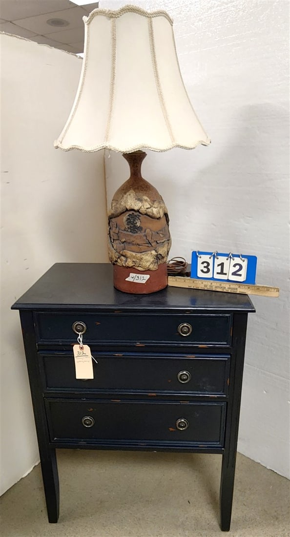 Ptd. 3 Drawer Chest 32" H X 25" W X 13 1/2" D w/ Pottery Table Lamp 28" H: Ptd. 3 Drawer Chest 32" H X 25" W X 13 1/2" D w/ Pottery Table Lamp 28" H