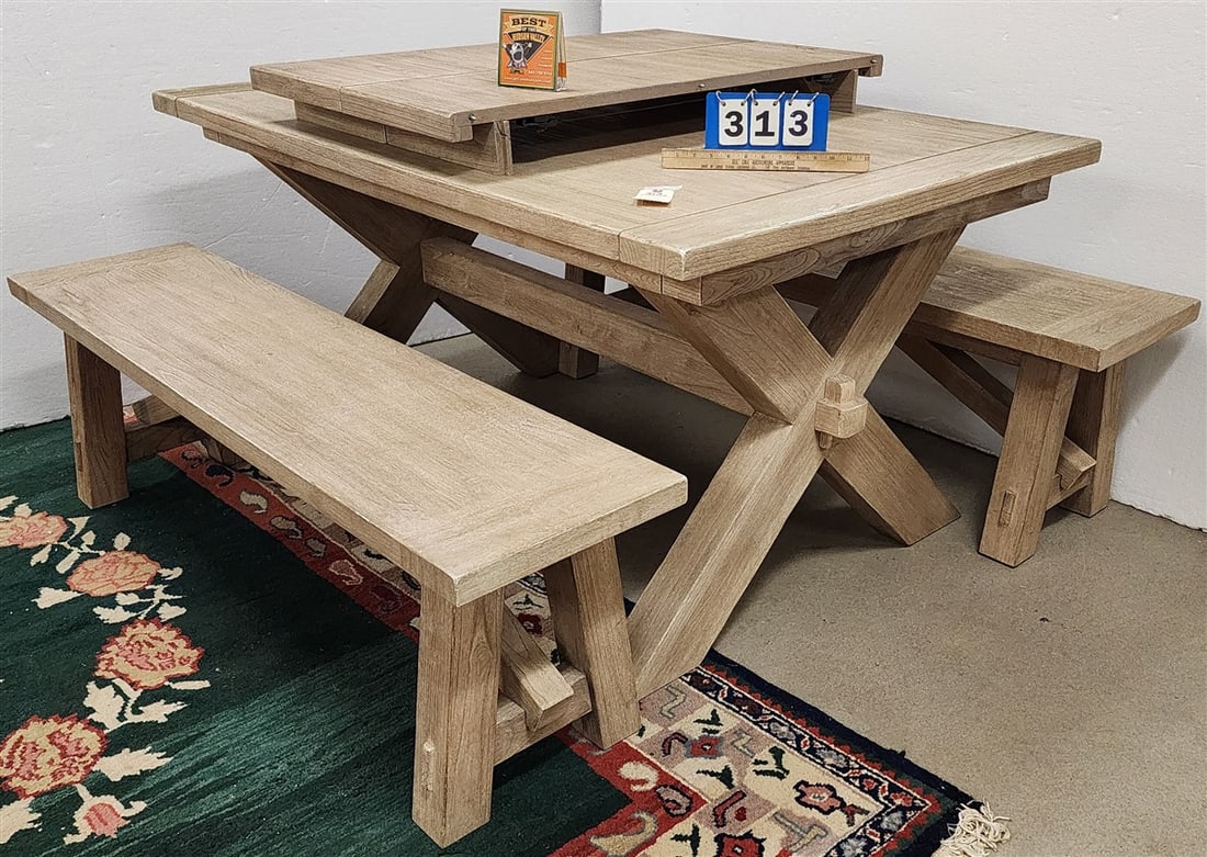 Pickled Oak Trestle Dining Table 30" H X 5" L X 38" W, w/2- 12" Leaves + 2 Benches 18 1/2" H X 5" L (1 of 5)