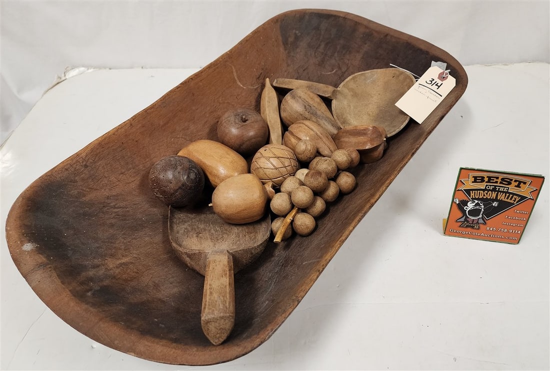 Primitive Wooden Trencher 5" H X 25 1/2" W X 14" D w/Wooden Fruit + Spoons (1 of 2)