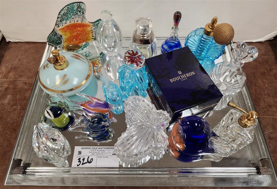 Mirrored Dresser Tray w/Perfume Bottles - Waterford, Vera Wang, Boucheron, Etc. + Crystal Hand Blown (1 of 6)